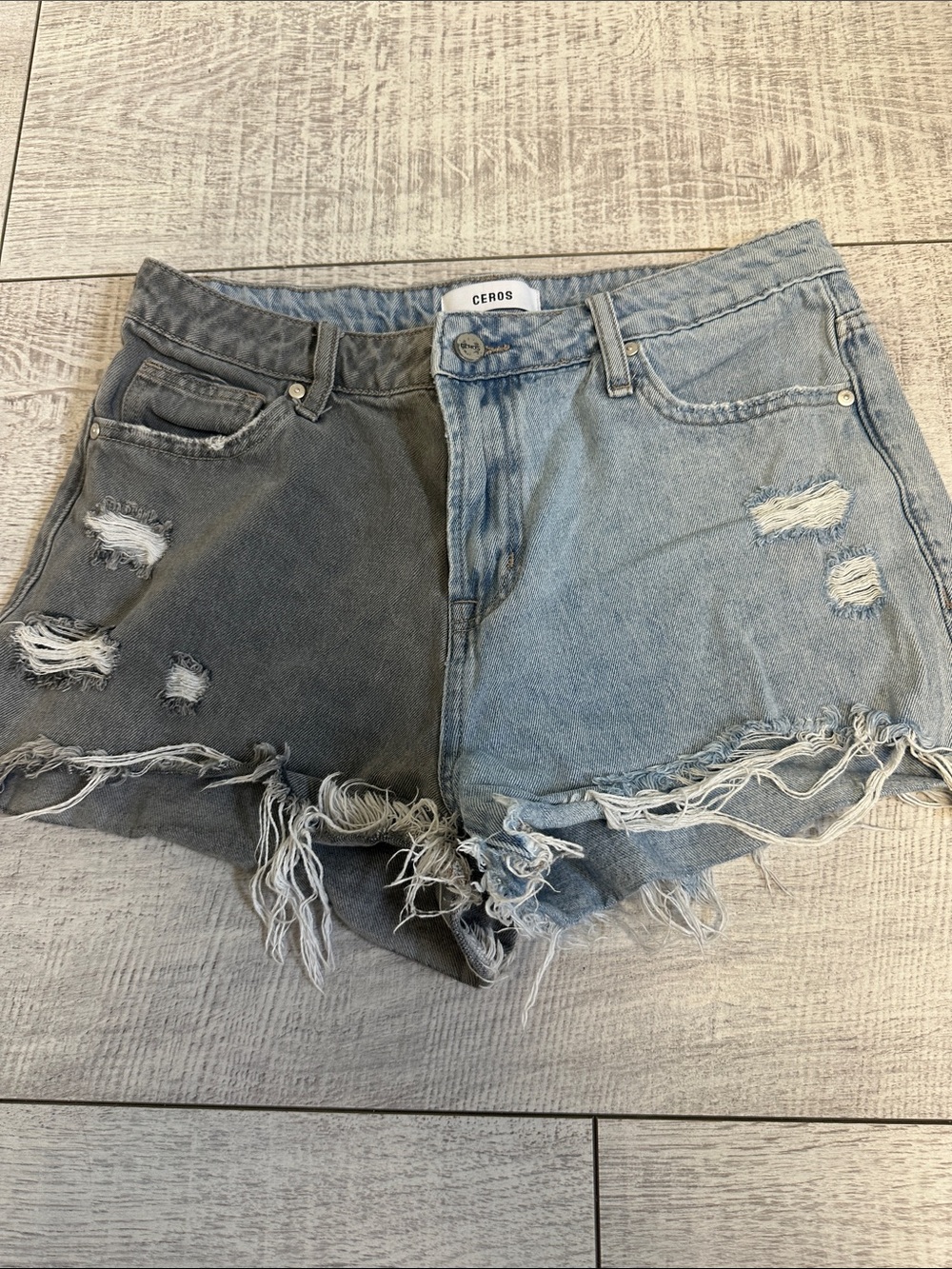 Ceros Two-Tone Distressed Denim Shorts - Gray & Light Blue